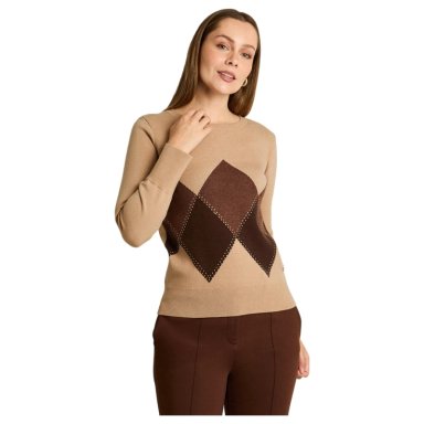 SWEATER CAMEL CON ESTAMPADO DE ROMBOS Y DETALLES DE PEDRERIA EN TEJIDO - 1