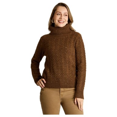 SWEATER CAFE  CON CUELLO ALTO Y TRENZADO JASPEADO EN TEJIDO - 1