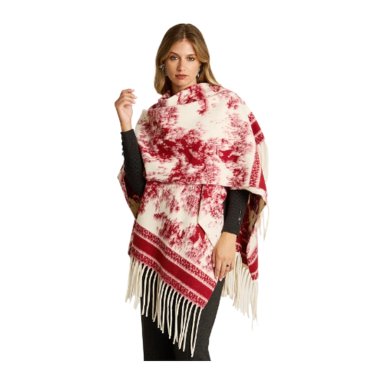 PONCHO ROJO CON ESTAMPADO ABSTRACTO Y FLECOS EN TEJIDO - 1