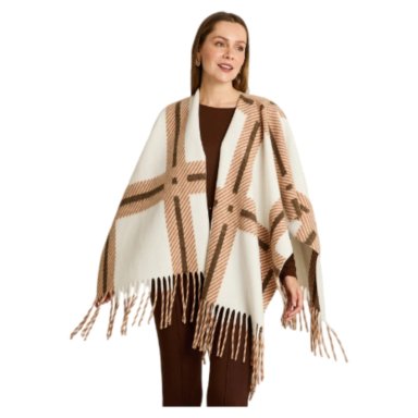PONCHO BEIGE CON ESTAMPADO GEOME TRICO Y FLECOS EN TEJIDO - 1