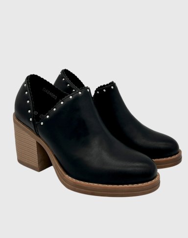 BOTIN PARA MUJER CON TACO DE 8 CM, CIERRE LATERAL Y TACHAS DECORATIVAS NEGRO. - 3