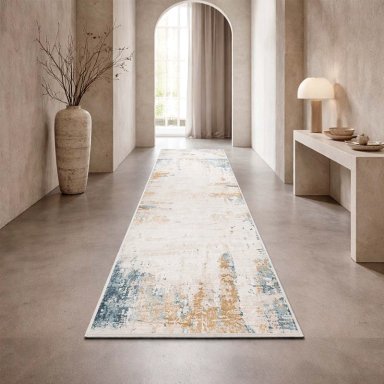 ALFOMBRA TURCA PERRE015 RECTANGULAR POLIE STER CREMA Y AZUL 80 X 300 CM - 1