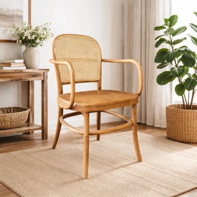 SILLA KEVIN CON BRAZOS EN MADERA DE HAYA Y RESPALDO DE RATAN NATURAL - 1