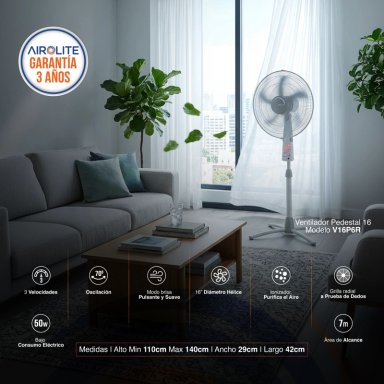 VENTILADOR AIROLITE 50 WATTS PEDESTAL 16' CON CONTROL REMOTO V16P6R - 3