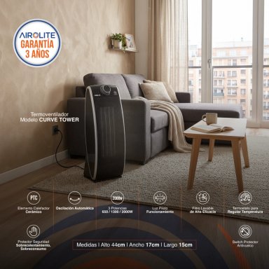 TERMOVENTILADOR AIROLITE 2000 W CERÁMICO OSCILANTE CURVE TOWER - 3