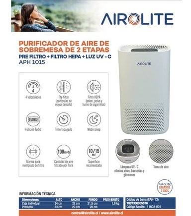 PURIFICADOR DE AIRE AIROLITE SOBREMESA 3 ETAPAS AP-H1015 - 3