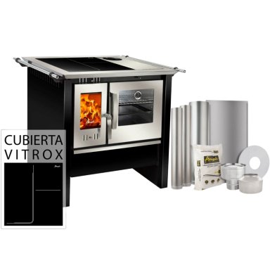 COCINA A LEÑA ALLEGRA VITROX EN COLOR NEGRO + KIT INSTALACIÓN 5' - 1