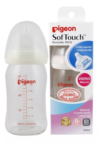 MAMADERA PIGEON SOFTOUCH VIDRIO BOCA ANCHA 160ML 0+ MES TRANSPARENTE - 1