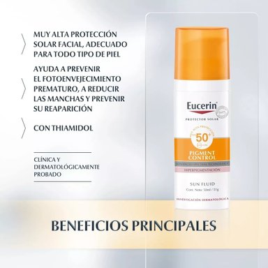 BLOQUEADOR ROSTRO Y CUELLO EUCERIN SPF 50 50 ML PIGMENT CONTROL SUN FLUID EN CREMA - 2