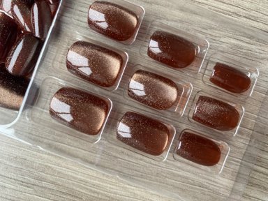 UÑAS POSTIZAS PRESS ON ADHESIVAS OJO DE GATO 24PCS MARRON CUADRADAS LARGO MEDIO - 2