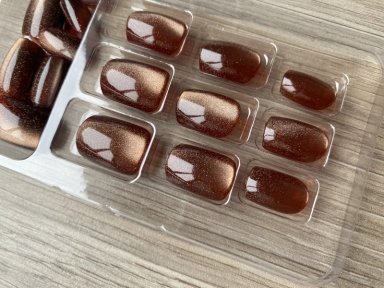 UÑAS POSTIZAS PRESS ON ADHESIVAS OJO DE GATO 24PCS MARRON CUADRADAS LARGO MEDIO - 5