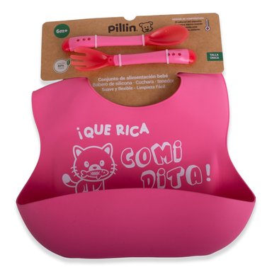 SET BABERO Y CUBIERTOS BEBÉ NIÑA FUCSIA PILLIN - 1
