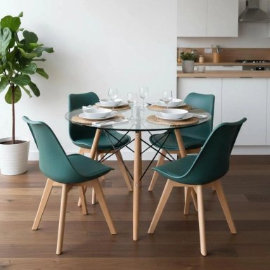 COMEDOR MESA REDONDA ELIDA 100CM + 4 SILLAS TULIP VERDE ESMERALDA - 1