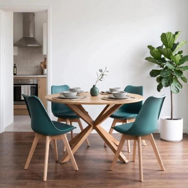 COMEDOR MESA REDONDA EQUIZ WOOD 100CM + 4 SILLAS TULIP VERDE ESMERALDA - 1