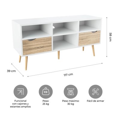 RACK TV RELAN BLANCO TOP LIVING BOLONIA CON CAJONES 117CM NÓRDICO - 2