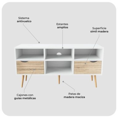 RACK TV RELAN BLANCO TOP LIVING BOLONIA CON CAJONES 117CM NÓRDICO - 5