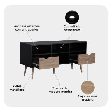 RACK DE TV TOP LIVING BOLONIA BLACK CON CAJONES NÓRDICO - 4