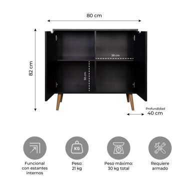 BAR BUFFET SIDNEY BLACK RELAN ESTILO NORDICO CON 2 PUERTAS COLOR NEGRO- - 3