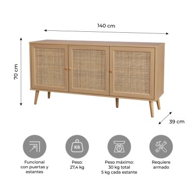 BUFFET MAUI RELAN CON 3 PUERTAS DE RATTAN  140 CM  COLOR CAFE  CLARO - 3