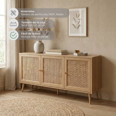 BUFFET MAUI RELAN CON 3 PUERTAS DE RATTAN  140 CM  COLOR CAFE  CLARO - 8