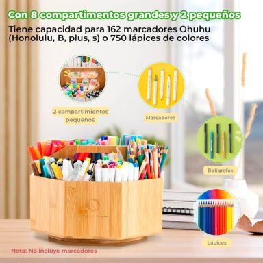 OHUHU ORGANIZADOR DE BAMBU GIRATORIO PARA 162 MARCADORES - 5