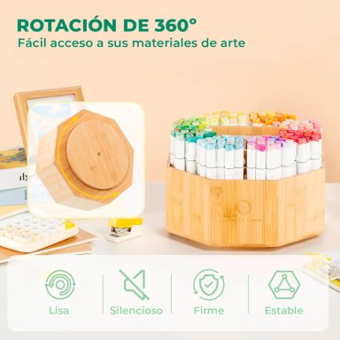 OHUHU ORGANIZADOR DE BAMBU GIRATORIO PARA 162 MARCADORES - 6