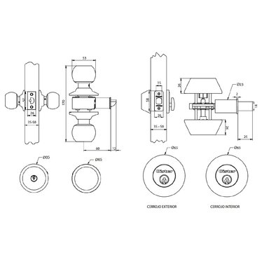 KIT OISTER CERRADURA CILÍNDRICA ACCESO + CERROJO TUBULAR LLAVE-LLAVE PLATA - 3