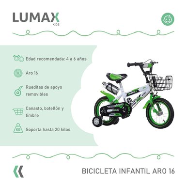 BICICLETA ARO 16 INFANTIL LUMAX VERDE CON RUEDITAS - 2