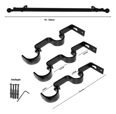 SET BARRAS PARA CORTINA DOBLE 13/16 MM EXTENSIBLE 120-200 CM NEGRO ORB BOLA - 9