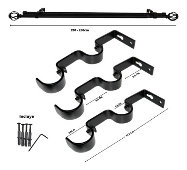 SET BARRAS PARA CORTINA DOBLE 13/16 MM EXTENSIBLE 200-250 CM NEGRO ORB NIDO - 6