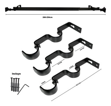 SET BARRAS PARA CORTINA DOBLE 13/16 MM EXTENSIBLE 200-250 CM NEGRO PRISMA - 6