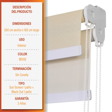 CORTINA ROLLER DOBLE BLACKOUT Y SUNSCREEN 200 X 165 CM COLOR BEIGE MARCA SUNFREE - 5
