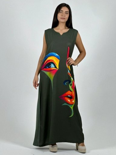 VESTIDO SUBLIMADO ROSTRO COLORIDO CAMEL - 1