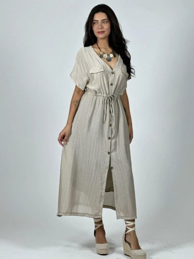 VESTIDO ABOTONADO AJUSTADO EN LA CINTURA ROSADO - 1