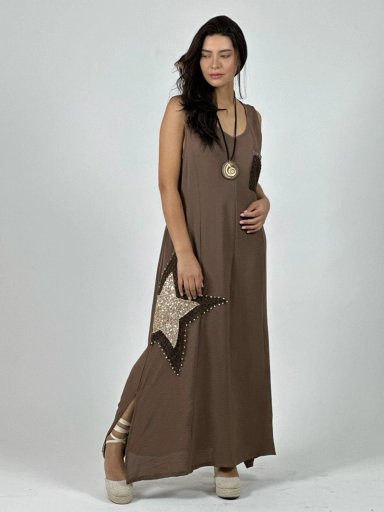 VESTIDO CREPE   ESTRELLA BRILLANTE BEIGE - 1