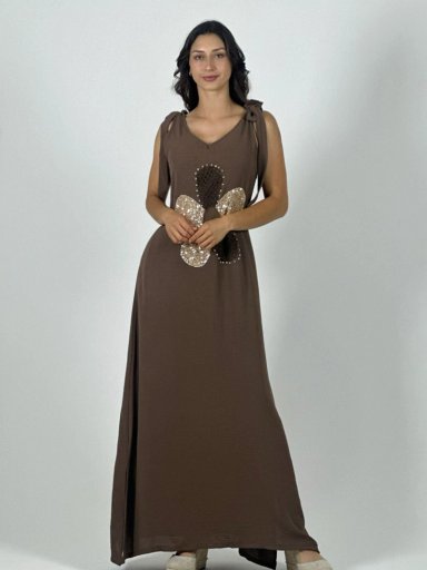 VESTIDO LINO FLOR BRILLOS BLANCO - 1