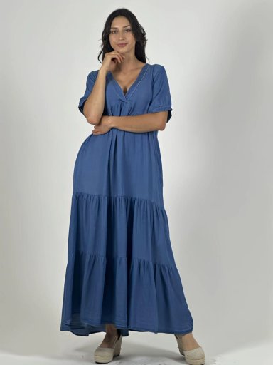 VESTIDO MEZCLILLA SECCIONADO CUELLO V AZUL - 1