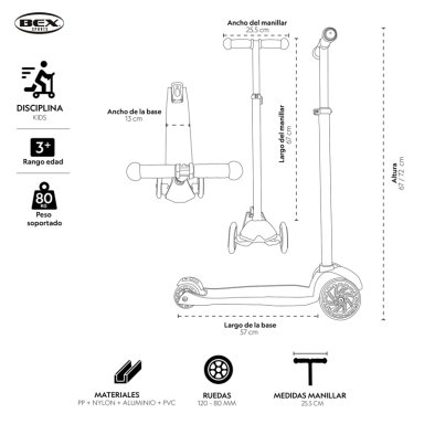 SCOOTER MONOPATIN NIÑO 3 RUEDAS AJUSTABLE 63-86 CMS AZUL BEX - 6