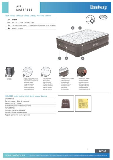 COLCHON INFLABLE ELE CTRICO QUEEN 2.03MX1.52MX56 CM BESTWAY - 2