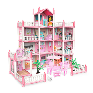 CASA DE MUÑECAS CASTILLO ROSA CON MUEBLE Y DECORACIONES DYI - 1