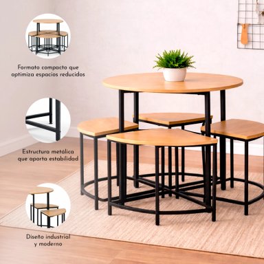COMEDOR 4 SILLAS MESA REDONDA 80X80 INDUSTRIAL - 4