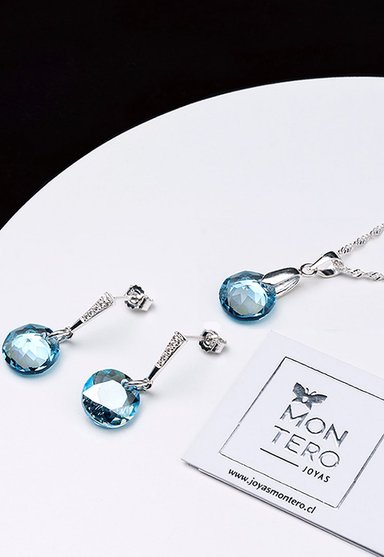 CONJUNTO JOYAS MONTERO PLATA ITALIANA 925 GRACIA Y CRISTALES GENUINOS AQUAMARINE - 2