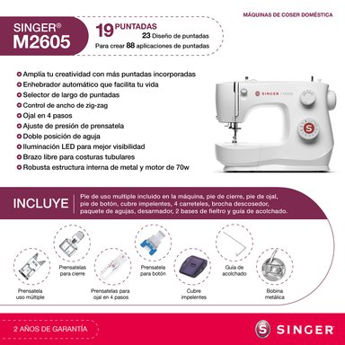 MÁQUINA DE COSER RECTA ZIG ZAG SINGER M2605 70W - 2