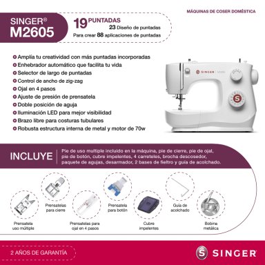 MÁQUINA DE COSER RECTA ZIG ZAG SINGER M2605 70W - 2