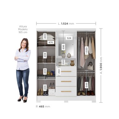 CLOSET 4 PUERTAS 3 CAJONES VERSALLES 190X46,5X 152,4 BLANCO NIEVE - 2