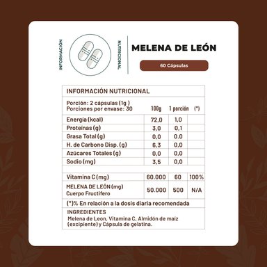 MELENA DE LEON HONGO 500MG - 120 CAPSULAS - MEMORIA - 2