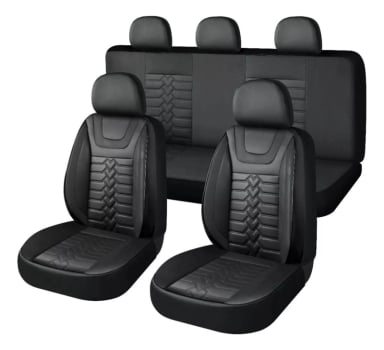 SET FUNDAS CUERO CUBRE ASIENTOS AUTOMOVIL COMPLETO DELUXE NEGRO - 1