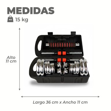 SET DE MANCUERNAS Y BARRA SPORTIME ACERO 15KG CROMADAS + MALETÍN - 3