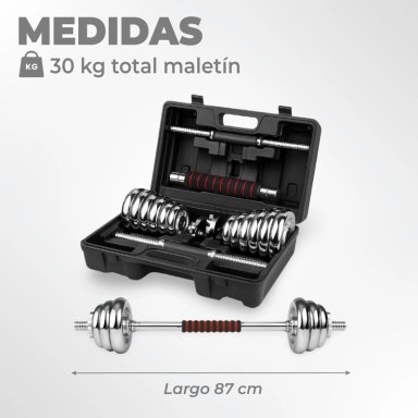 SET DE MANCUERNAS Y BARRA 30 KG ACERO CROMADAS + MALETÍN - 3