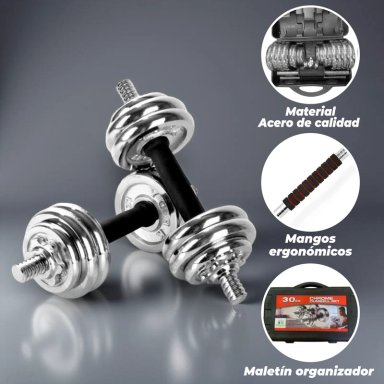 SET DE MANCUERNAS Y BARRA 30 KG ACERO CROMADAS + MALETÍN - 4